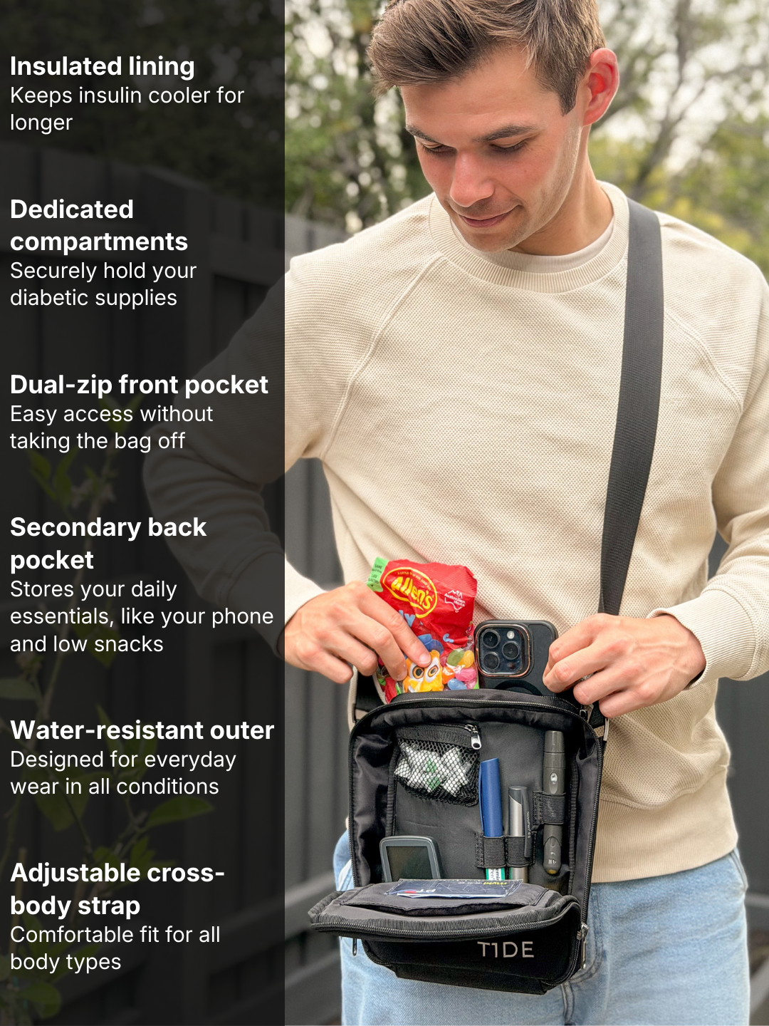 Insulated and stylish crossbody bag for people with diabetes with zipper compartments